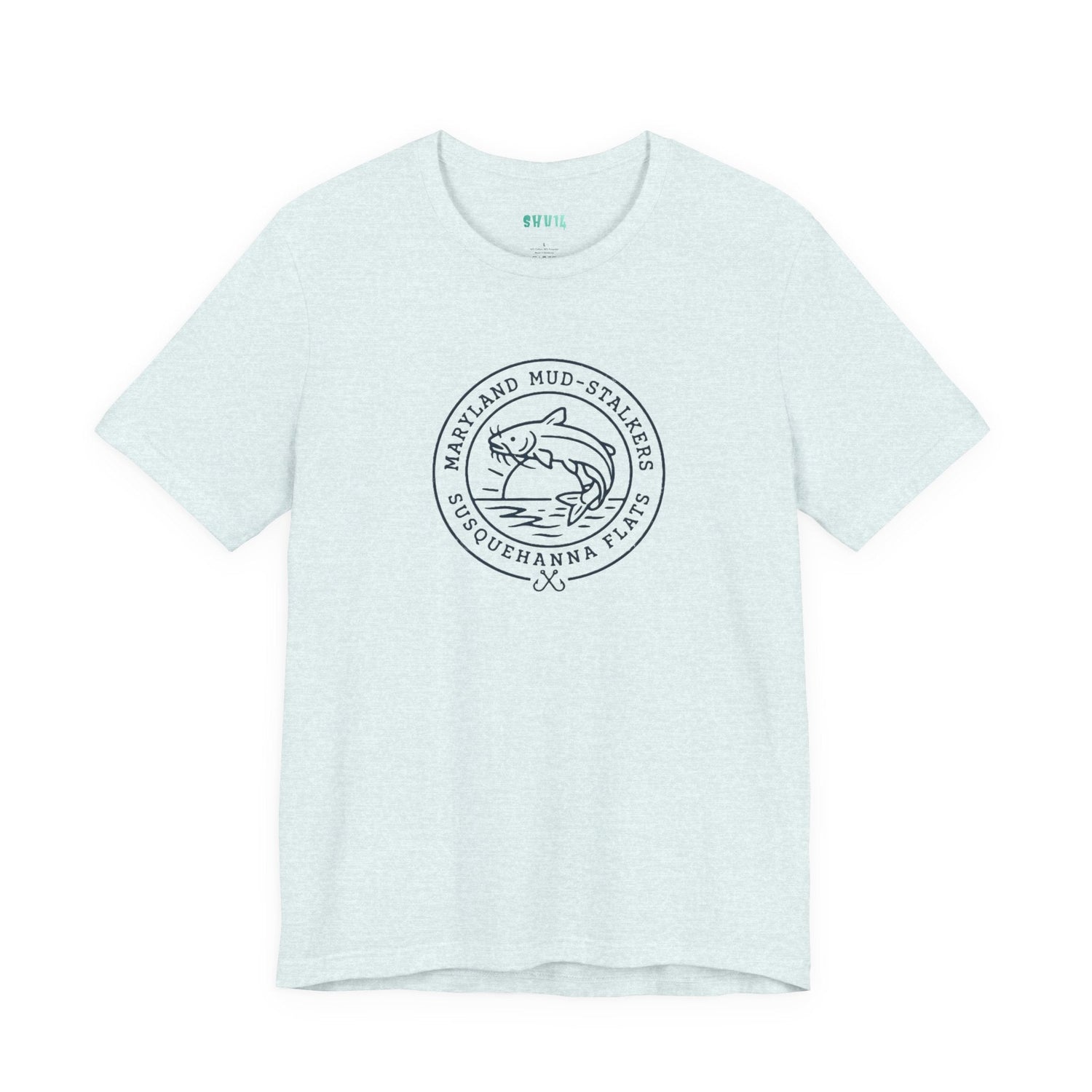 Dark blue metallic embossed graphic of a jumping catfish over a setting sun with text reading "Maryland Mud-Stalkers Susquehanna Flats" and crossed fishing hooks on a t-shirt.