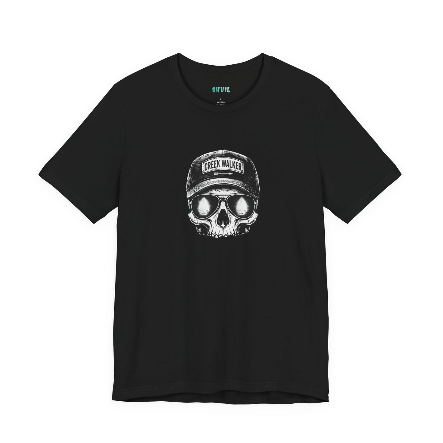 Distressed human skull graphic on a black shirt wearing a Creek Walker baseball cap and aviator sunglasses reflecting a glowing white arrowhead.