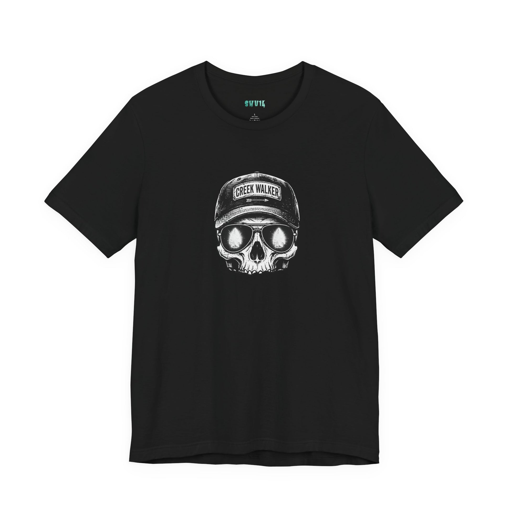 Distressed human skull graphic on a black shirt wearing a Creek Walker baseball cap and aviator sunglasses reflecting a glowing white arrowhead.