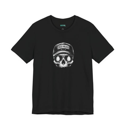 Distressed human skull graphic on a black shirt wearing a Creek Walker baseball cap and aviator sunglasses reflecting a glowing white arrowhead.