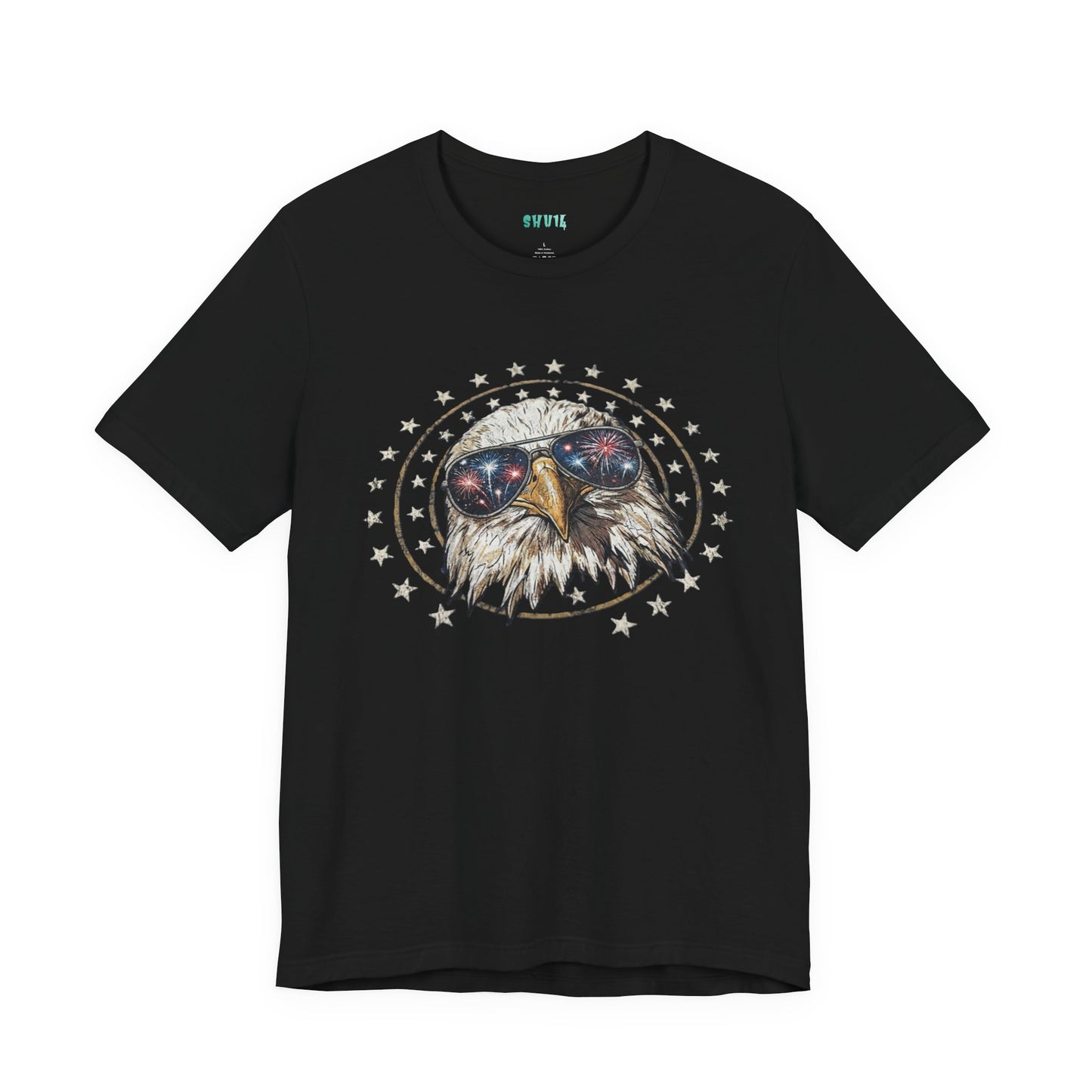 Close-up graphic design of a majestic bald eagle wearing black aviator sunglasses that reflect red, white, and blue fireworks, encircled by a distressed ring of stars against a solid black background.