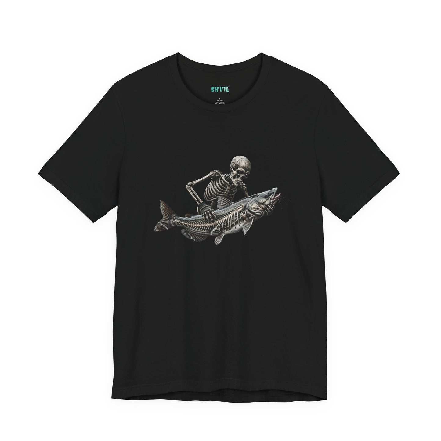 Graphic artwork on a black background showing a human skeleton wearing a fingerless glove, holding a large catfish that reveals its inner skeleton bone structure.