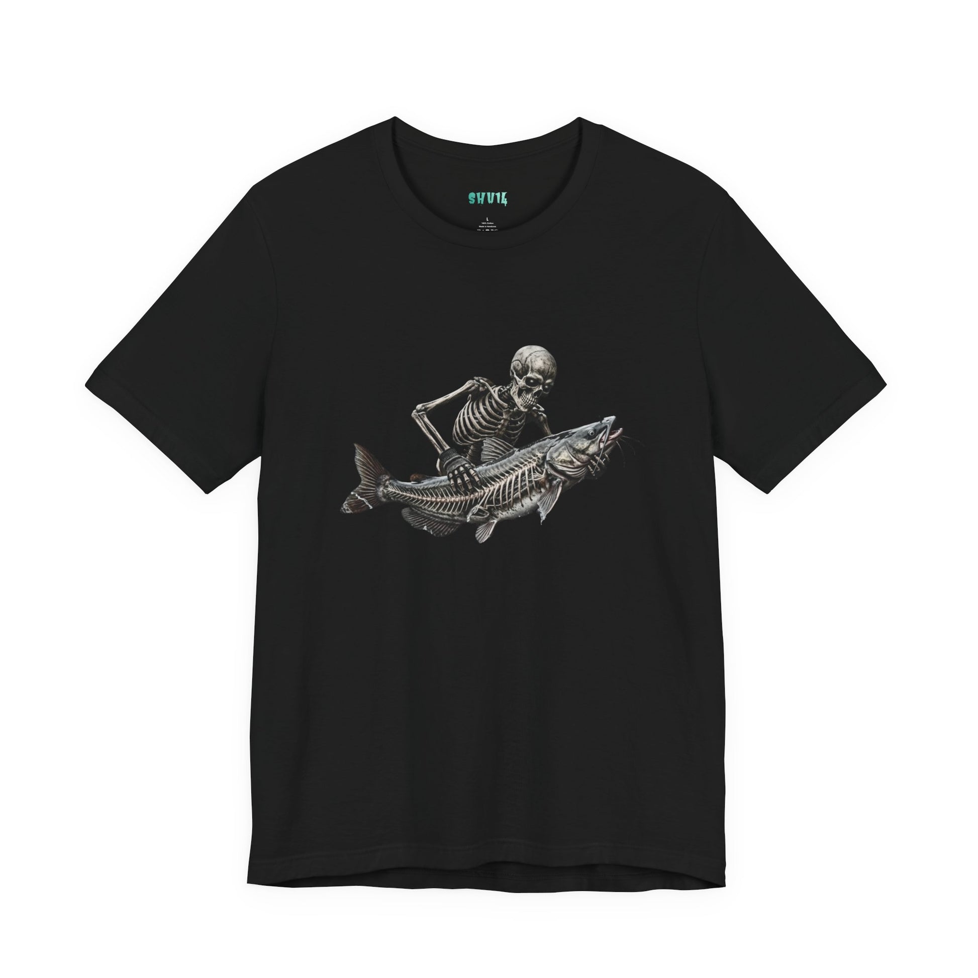 Graphic artwork on a black background showing a human skeleton wearing a fingerless glove, holding a large catfish that reveals its inner skeleton bone structure.