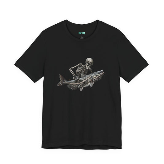 Graphic artwork on a black background showing a human skeleton wearing a fingerless glove, holding a large catfish that reveals its inner skeleton bone structure.