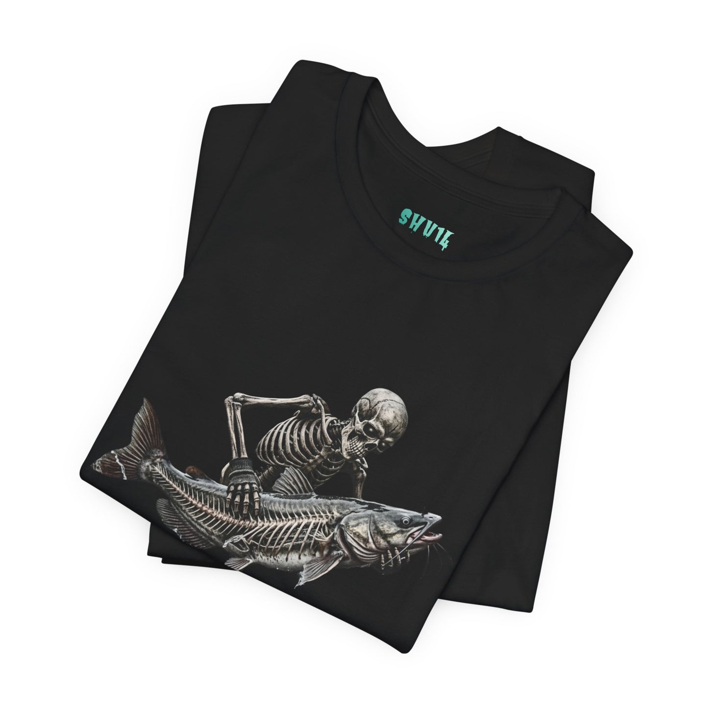 Graphic artwork on a black background showing a human skeleton wearing a fingerless glove, holding a large catfish that reveals its inner skeleton bone structure.