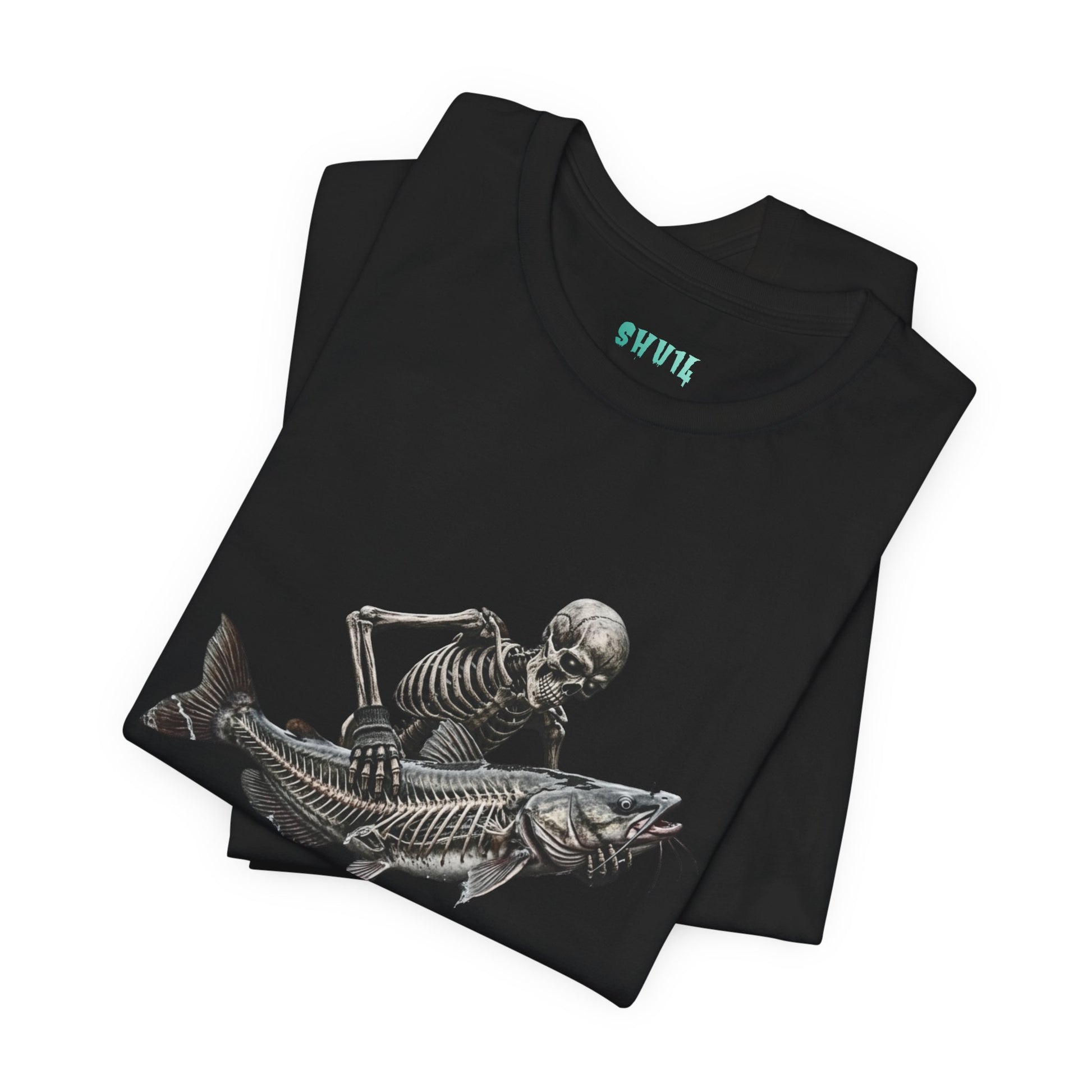 Graphic artwork on a black background showing a human skeleton wearing a fingerless glove, holding a large catfish that reveals its inner skeleton bone structure.