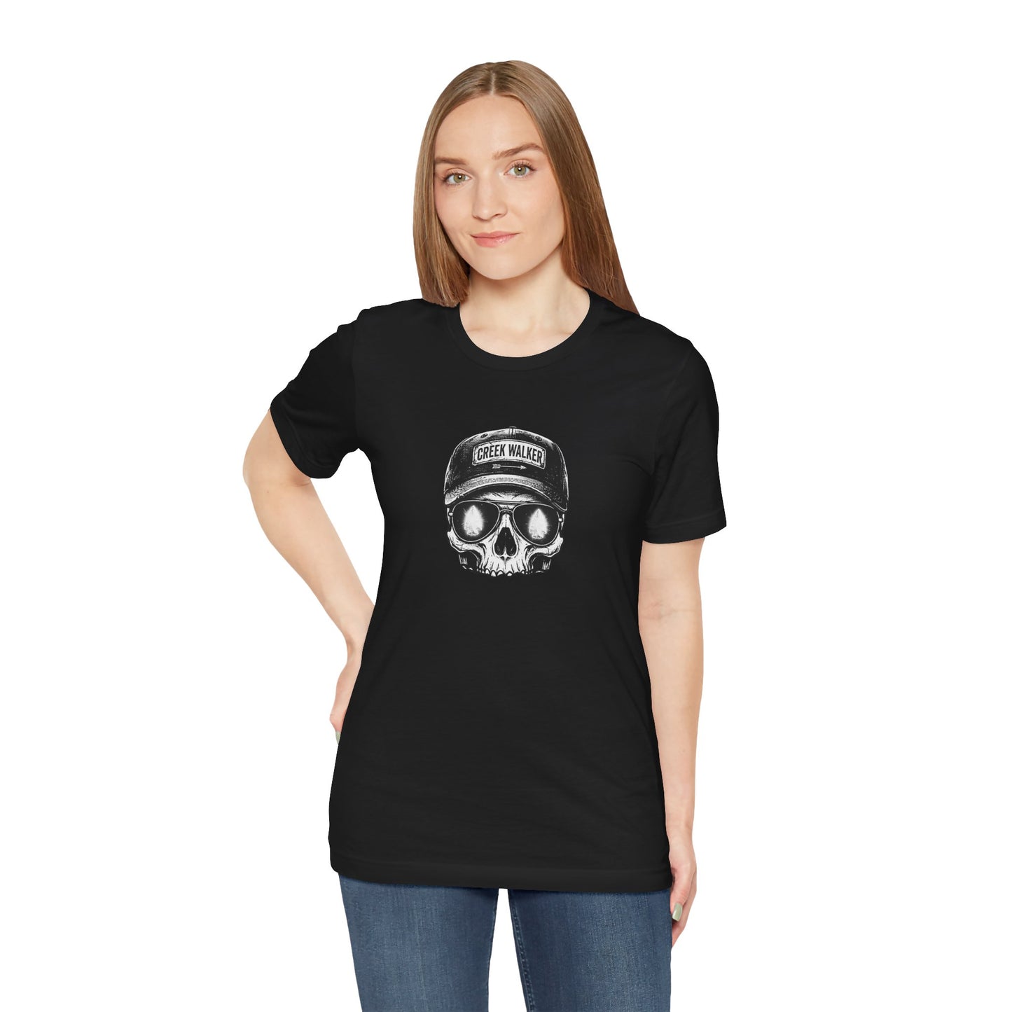 Distressed human skull graphic on a black shirt wearing a Creek Walker baseball cap and aviator sunglasses reflecting a glowing white arrowhead.