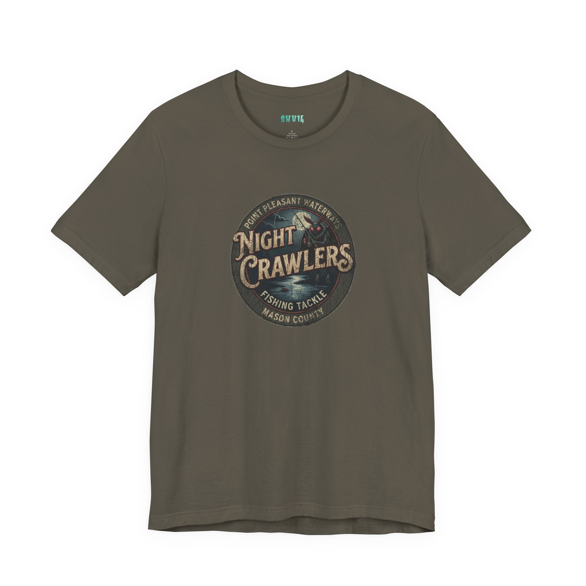 Night Crawlers Fishing Tackle T-Shirt — Mothman Vintage Badge Tee