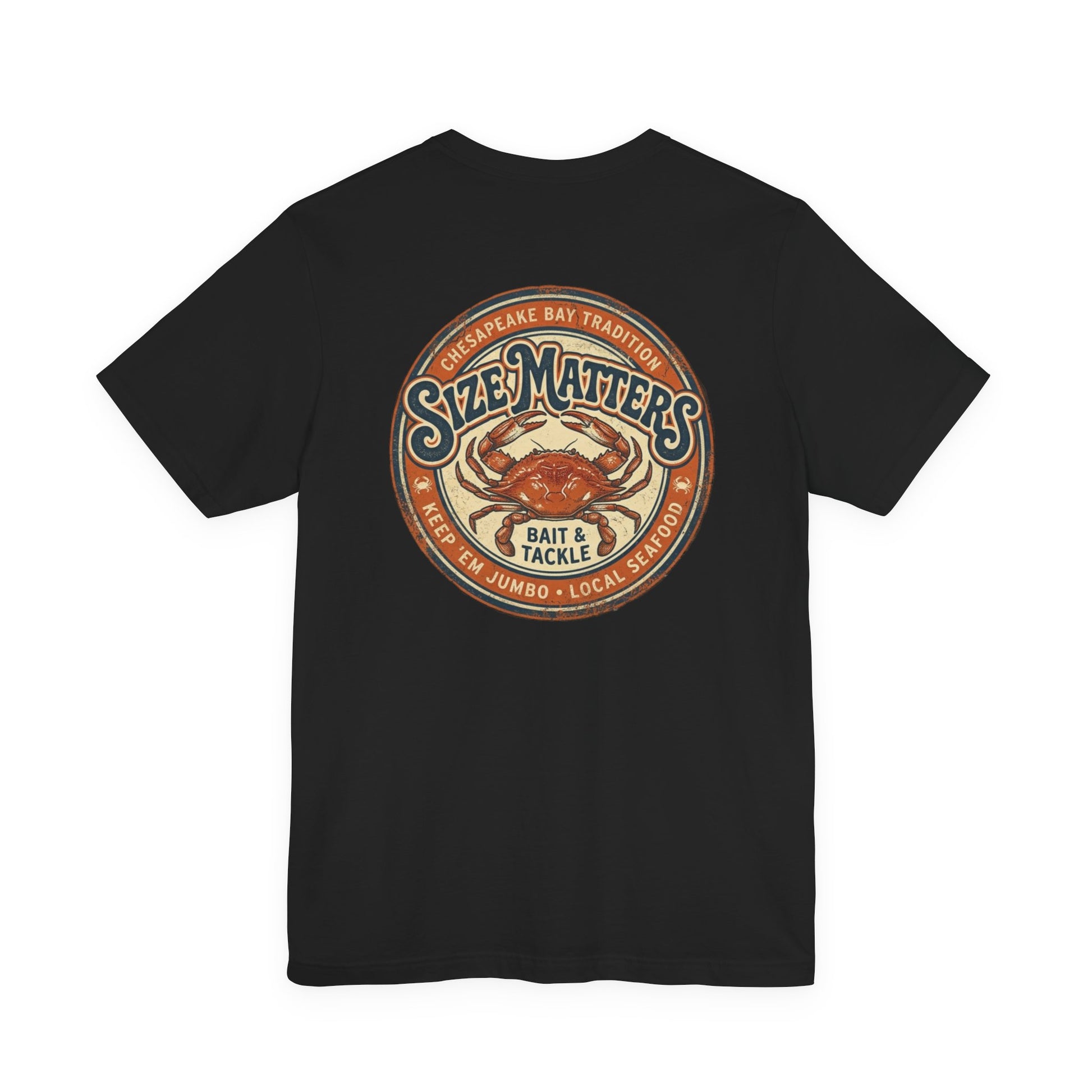 Size Matters Chesapeake Bay blue crab bait and tackle graphic shirt.