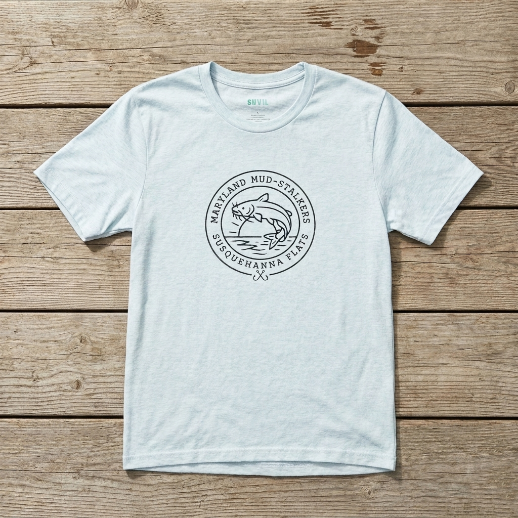 Dark blue metallic embossed graphic of a jumping catfish over a setting sun with text reading "Maryland Mud-Stalkers Susquehanna Flats" and crossed fishing hooks on a  t-shirt.