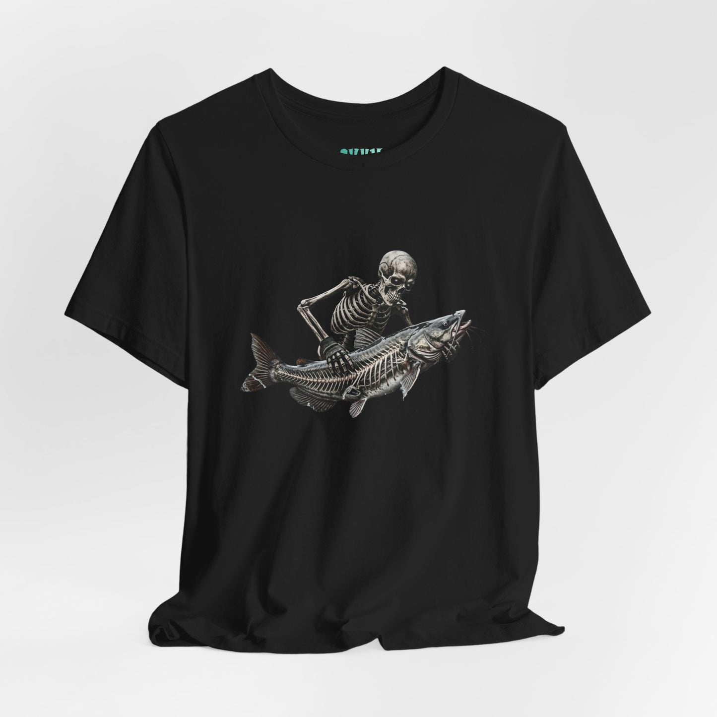 Graphic artwork on a black background showing a human skeleton wearing a fingerless glove, holding a large catfish that reveals its inner skeleton bone structure.