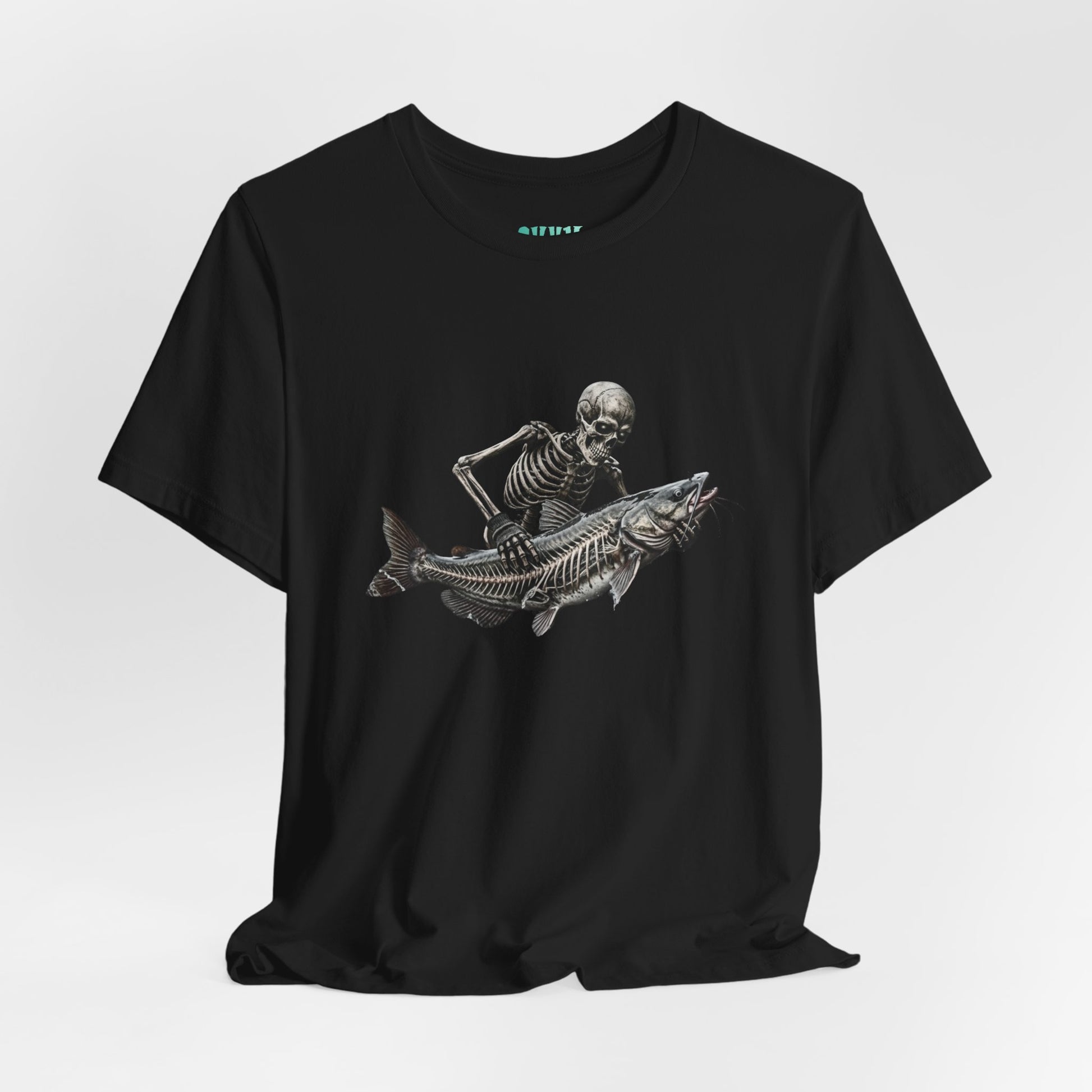 Graphic artwork on a black background showing a human skeleton wearing a fingerless glove, holding a large catfish that reveals its inner skeleton bone structure.