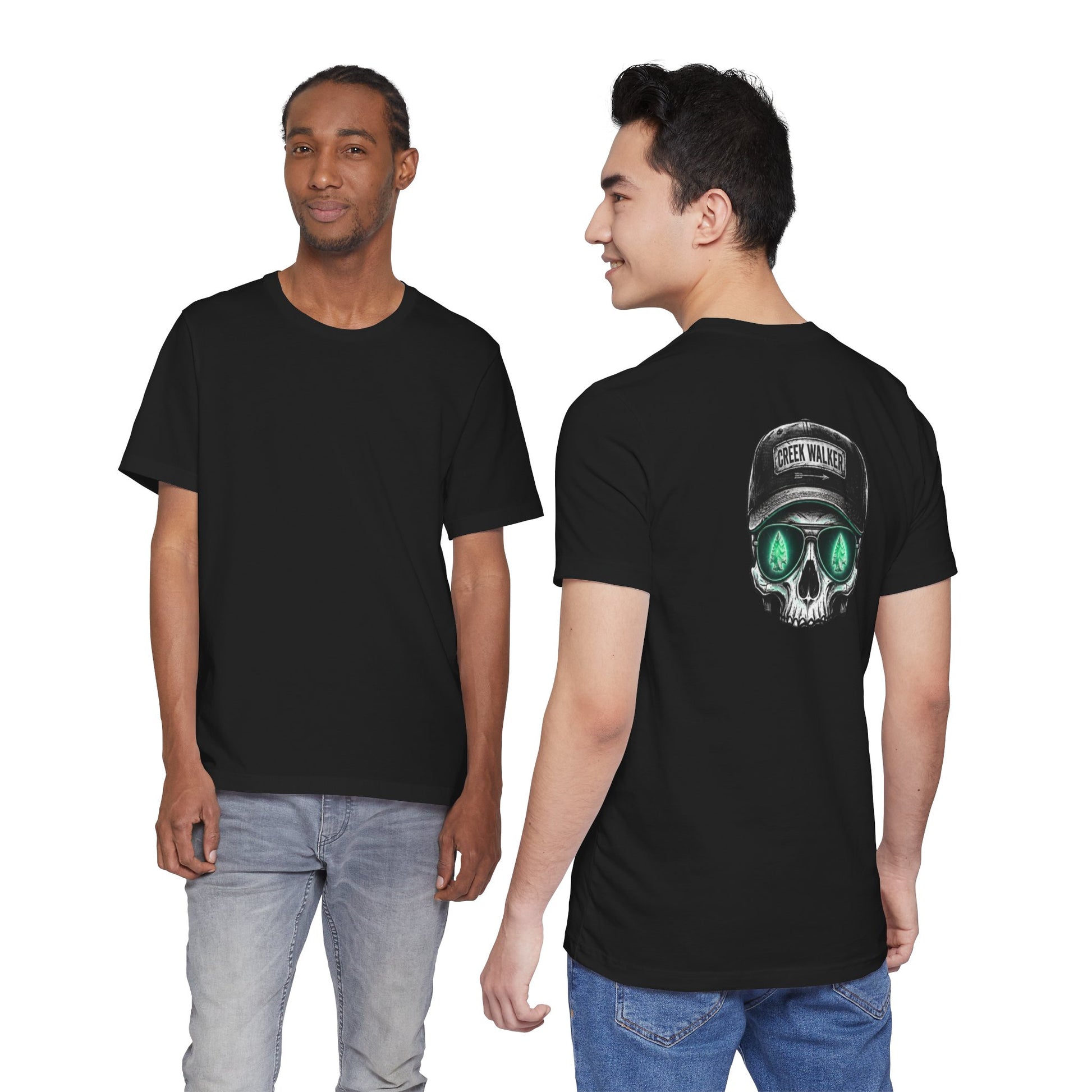  Distressed human skull graphic on a black shirt wearing a Creek Walker baseball cap and aviator sunglasses reflecting a glowing green arrowhead