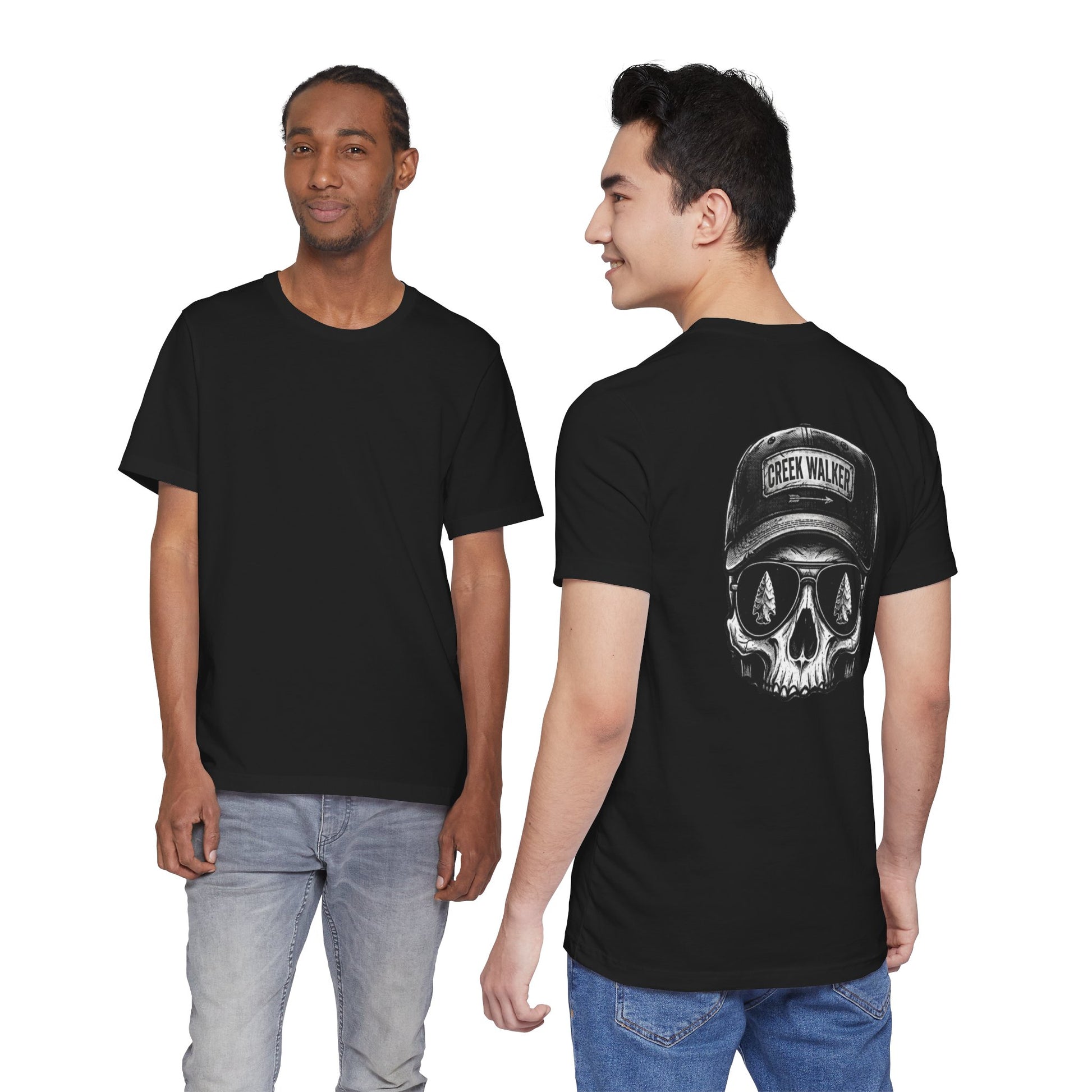 Distressed monochrome graphic on a black shirt showing a human skull wearing a baseball hat with "Creek Walker" written on it and aviator sunglasses that reflect ancient arrowheads.