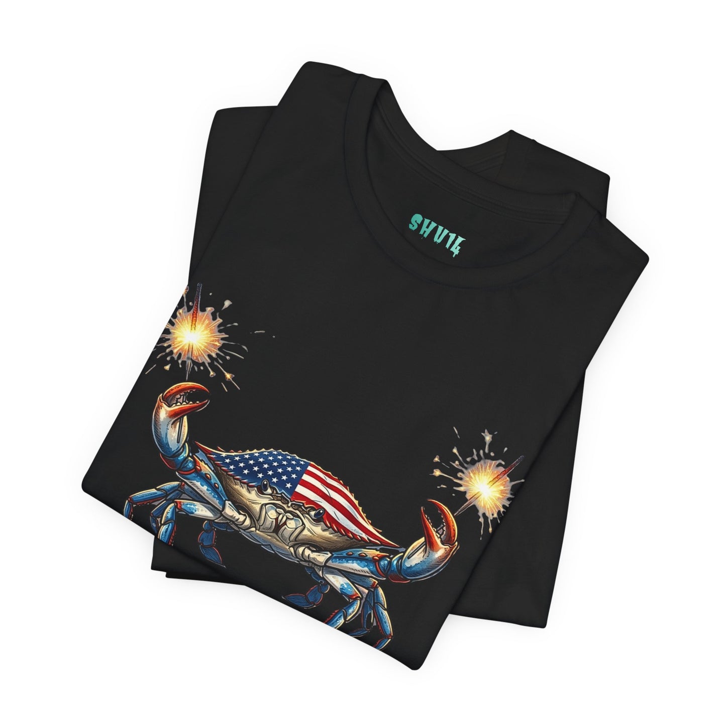 Graphic artwork of a detailed blue crab with an American flag pattern on its shell, holding two glowing, lit sparkler fireworks in its claws against a black background.