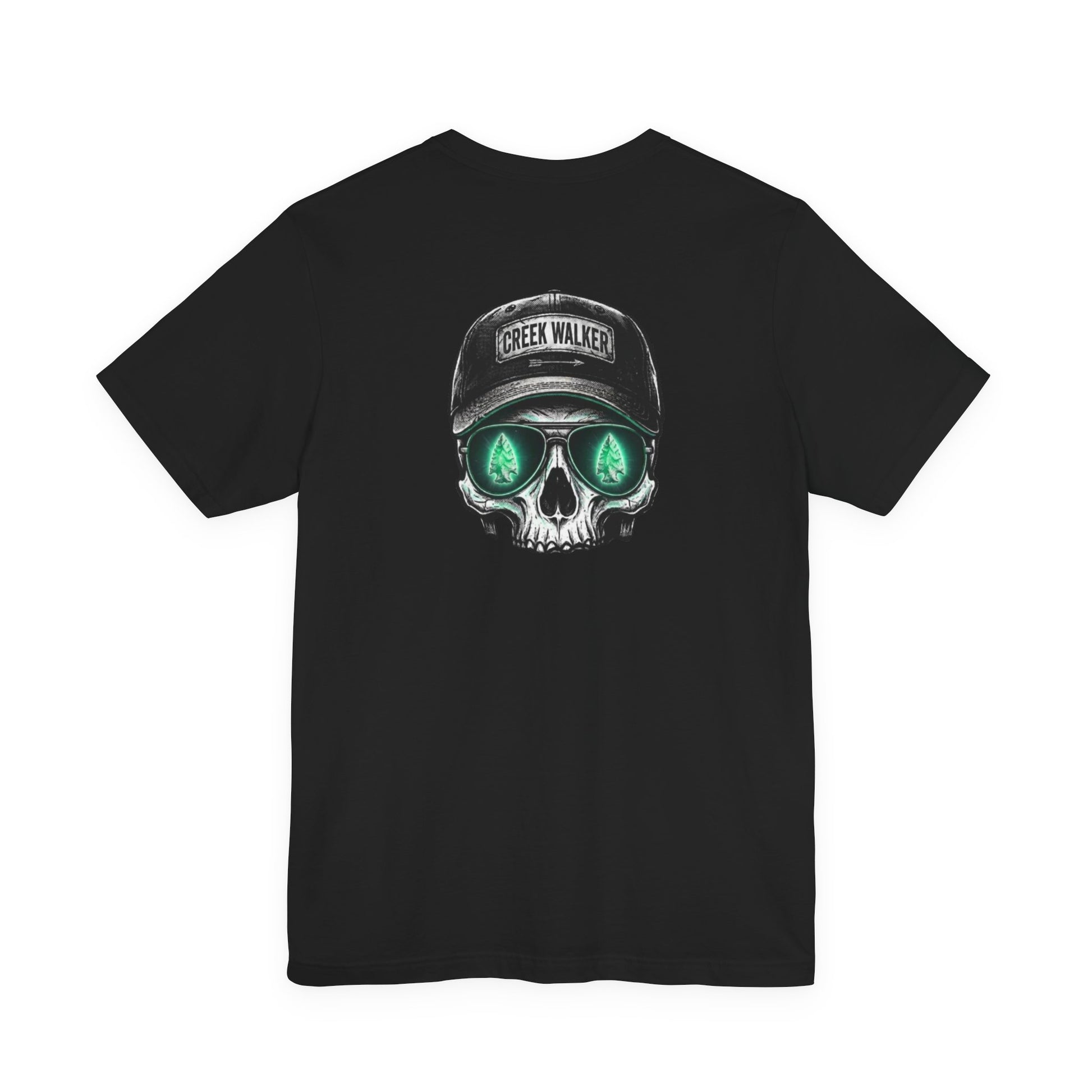  Distressed human skull graphic on a black shirt wearing a Creek Walker baseball cap and aviator sunglasses reflecting a glowing green arrowhead