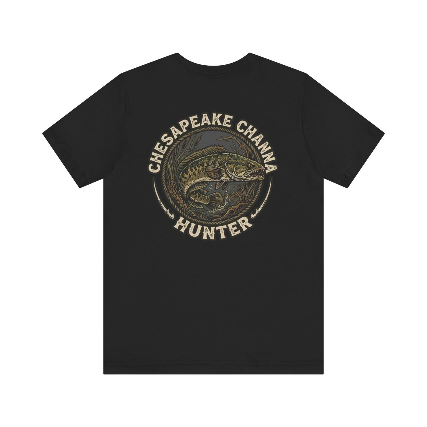 Vintage round emblem design featuring a fierce snakehead fish in marsh grass with text Chesapeake Channa Hunter on a black t-shirt.